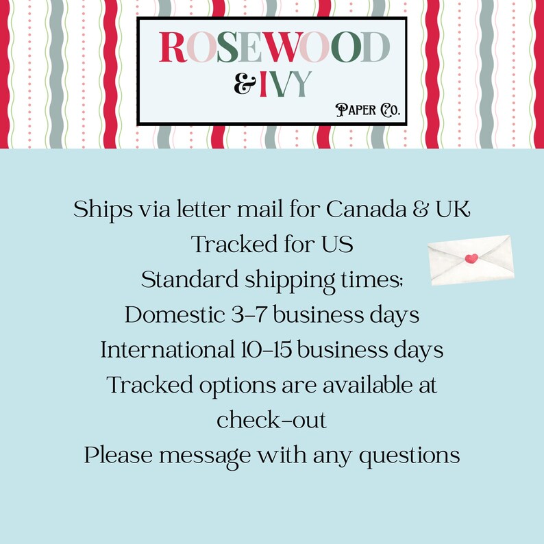 K&ouml;nnte beinhalten: Hellblauer Hintergrund mit Text, der "ROSEWOOD & IVY PAPER CO." und Versandinformationen enth&auml;lt. Der Text enth&auml;lt inl&auml;ndische und internationale Versandzeiten. Ein kleiner Umschlag mit einem Herz befindet sich im Bild.