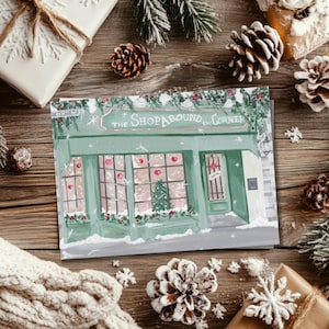 Carte de voeux Illustration de Noël du coin de la rue Carte en papier de lin faite main