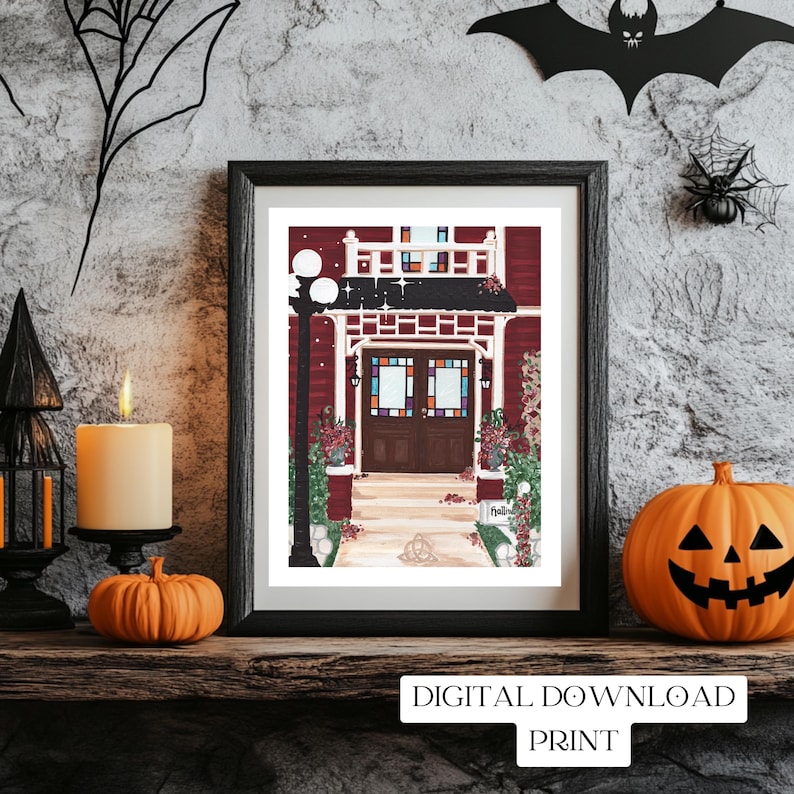 May include: Framed print of a red house with a detailed front entrance, featuring a dark wooden door and colorful stained glass windows. The print is labeled "DIGITAL DOWNLOAD PRINT". The image is decorated with Halloween-themed decor, including a carved pumpkin and a bat.