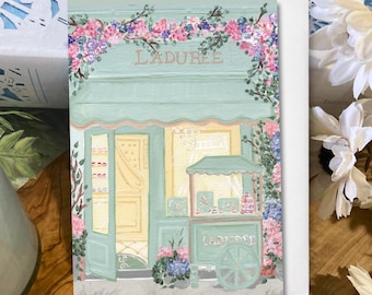 Primavera en París: Ilustración de Macaron Cafe, tarjeta hecha a mano, papel de lino
