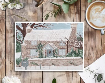 Rosehill Christmas Cottage Illustration Holiday Home 5x7 Art Print Linen Paper Cozy Christmas Art