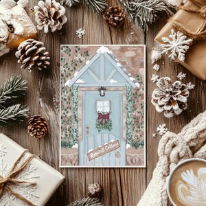 Rosehill Cottage l'illustration de Noël de vacances 4 x 6 papier de lin impression art de Noël décoration d'hiver confortable art cottage