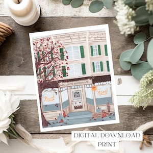 Luke&#39;s Autumn Coffee Shop Illustration Cozy Kitchen Wall Art Printable file 8x10 image / Bookish Christmas