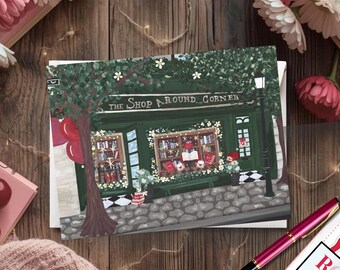 Shop Around the Corner Illustration Handmade Greeting Card 5x7 Linen Paper