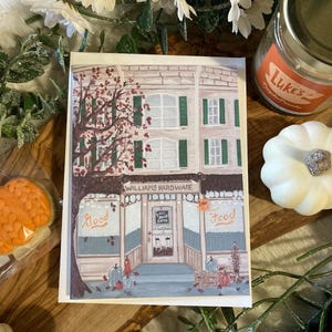 Illustration Coffee at Luke's Carte de voeux faite main, papier de lin confortable festival d'automne
