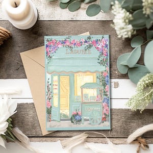 Le printemps à Paris, illustration de macaron café, carte faite main, papier de lin 5 x 7