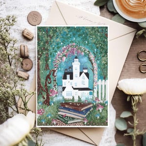 Enchanted Book Garden Book Illustration Blank Handmade Greeting Card 5x7 Linen Paper