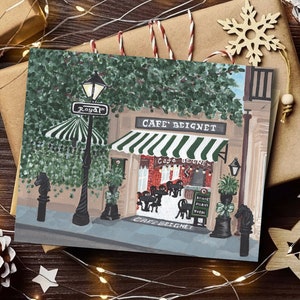 Cafe Beignet La Nouvelle-Orléans Illustration fait main lin papier carte 5 x 7 Louisiane Cafe Quartier français