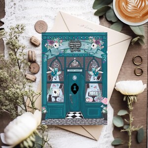 Illustration de la librairie Alice au pays des merveilles, fait main, papier de lin, carte vierge 4 x 6