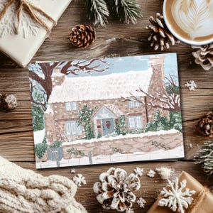 Illustration Cottage Rose Hill Carte papier lin fait main Noël douillet
