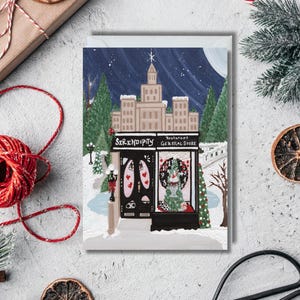 Noël à New York Winter Cafe Illustration Carte de correspondance en papier lin vierge faite main
