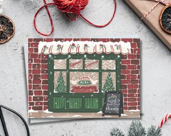 New York Christmas Coffee with Friends Linen Paper Greeting Card