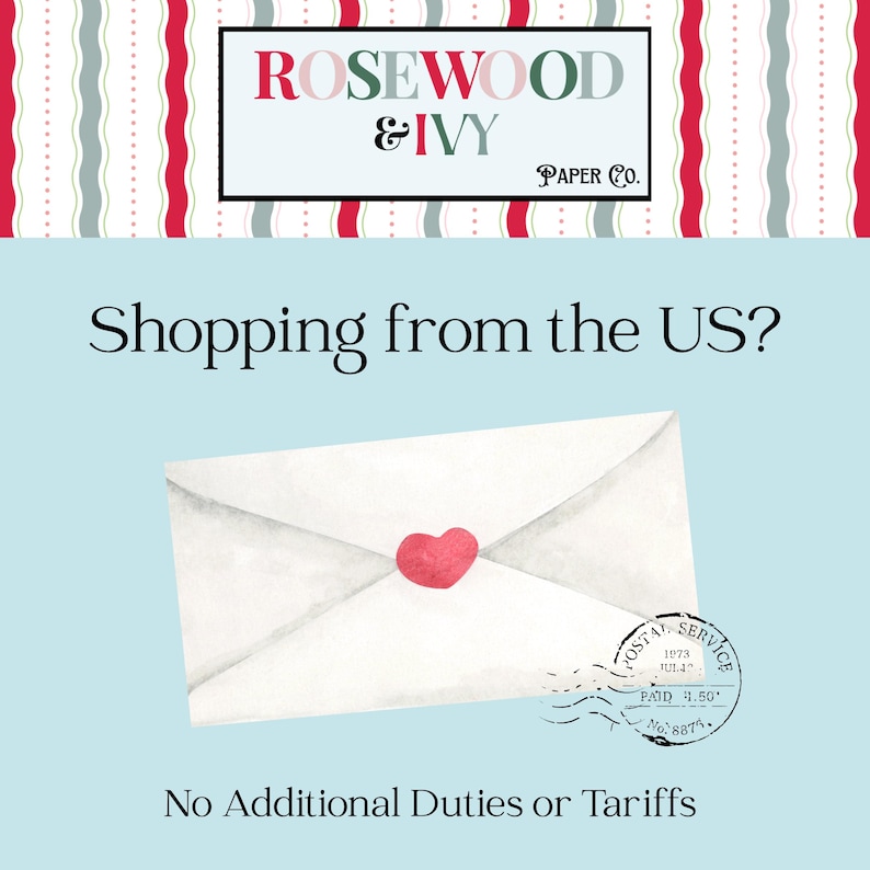 Puede incluir: Imagen con el logo de Rosewood & Ivy Paper Co., un sobre blanco con un sello de coraz&oacute;n rojo y un sello postal. El texto incluye "Shopping from the US?" y "No Additional Duties or Tariffs."