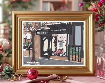 Ilustración del café navideño Serendipity de Nueva York, impresión artística en papel de lino de 5x7 pulgadas.