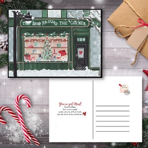 Carte postale d'illustration de Noël dans une librairie du coin de la rue Papeterie livresques 5 x 7