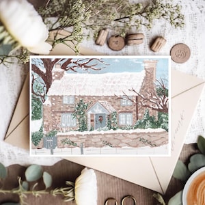 Illustration du cottage de Noël de Rosehill, impression d'art de la maison de vacances 4 x 6, finition lin