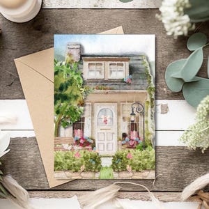 Spring in The Cotswolds Whimsical English Cottage Handmade Linen Paper Blank Card