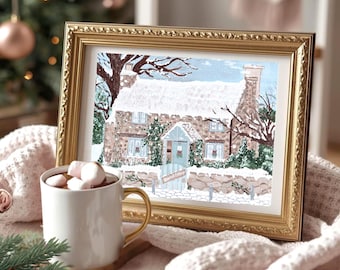 Rose Hill Cottage Illustration Christmas Art Printable file 8x10
