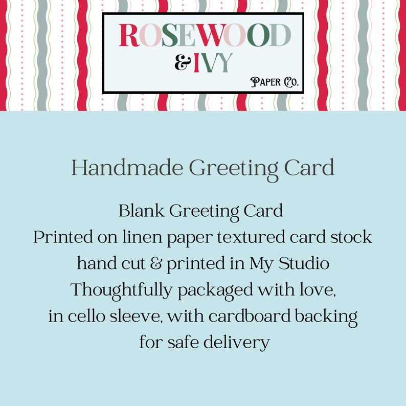 K&ouml;nnte beinhalten: Handgemachte Gru&szlig;karte mit dem Text "ROSEWOOD & IVY PAPER CO.". Die leere Karte ist auf strukturiertem Leinenpapier gedruckt. Sie ist handgeschnitten und im Studio gedruckt, sorgf&auml;ltig verpackt.