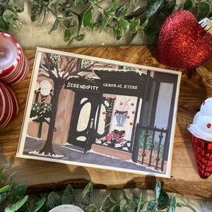 Christmas in New York Serendipitious Cafe Illustration Handmade Blank Linen Paper Greeting Card