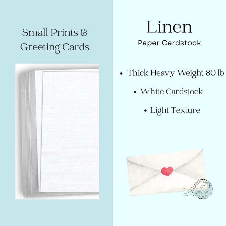 K&ouml;nnte beinhalten: Ein Stapel wei&szlig;er Leinen-Papierkarton mit dem Text &bdquo;Small Prints & Greeting Cards&ldquo; und &bdquo;Linen Paper Cardstock&ldquo;. Merkmale sind dickes, schweres 80-lb-Papier, wei&szlig;er Karton und eine leichte Textur. Gezeigt wird auch ein Umschlag mit einem roten Herzen.