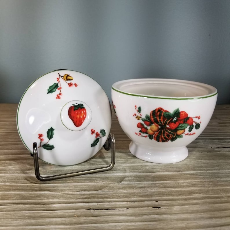 Cream Vintage William James Covered Sugar Salt and Pepper set featuring a beautiful Fruit and Ribbon motif