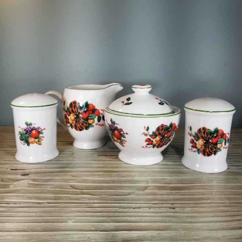 Cream Vintage William James Covered Sugar Salt and Pepper set featuring a beautiful Fruit and Ribbon motif