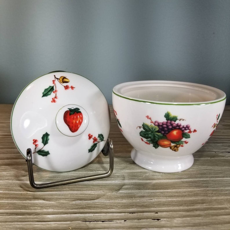 Cream Vintage William James Covered Sugar Salt and Pepper set featuring a beautiful Fruit and Ribbon motif