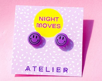 Handmade Purple Smiley Face Mini Stud Earrings, Cool Retro Clay Earrings