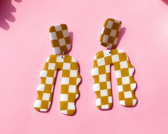 Handmade Mustard Yellow and White Checkered Gingham Polymer Clay Arch Statement Dangle Earrings - Gift For Friend