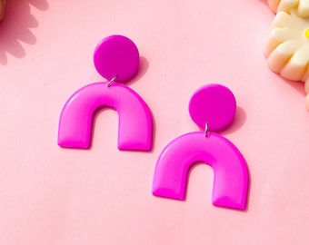 Funky Handmade Pink Chunky Arch Statement Clay Dangle Earrings - Cool Gift For Her