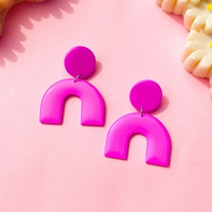 Funky Handmade Pink Chunky Arch Statement Clay Dangle Earrings - Cool Gift For Her