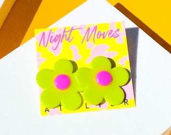 Funky Handmade Lime Green and Pink Retro Polymer Clay Daisy Large Stud Earrings