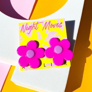 Handmade Funky Polymer Clay Daisy Statement Stud Earrings in Hot Pink and Yellow, Trendy and Unique Gift for Her image 2
