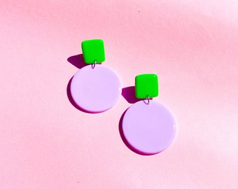 Handmade Chunky Clay Dangle Earrings in Lilac Purple and Green - Gift For Friend