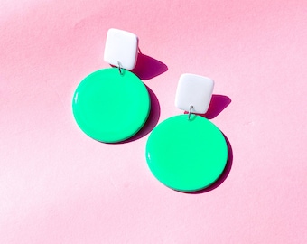 Handmade Chunky Clay Statement Dangle Earrings in Seafoam Green and White - Gift For Her