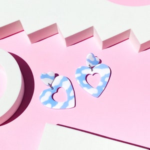 Funky Handmade Polymer Clay Cloud Heart Shaped Statement Dangle Earrings image 4