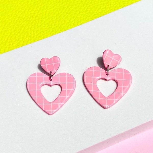 Funky Handmade Polymer Clay Pink Retro Heart Statement Dangle Earrings
