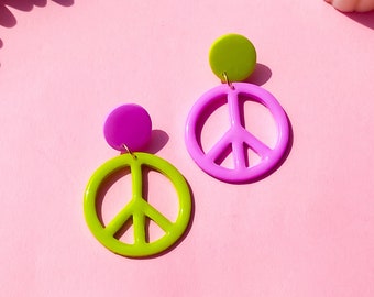 Handmade Funky Clay Peace Sign Dangle Earrings, Cool Gift For Friend