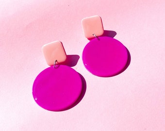 Handmade Clay Chunky Dangle Earrings in Magenta and Peach - Gift For Best Friend