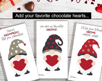 Tarjetas de San Valentín de Gnomos para Niños, Escuela y Aula / Imprimibles / Descarga Digital / Tarjetas de San Valentín / Niños, Aula y Escuela