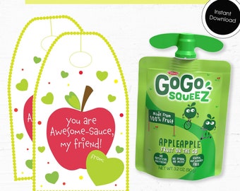 Tarjetas con bolsitas de puré de manzana: etiquetas imprimibles para recuerdos de cumpleaños (descarga digital, archivos PDF incluidos)