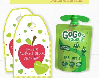 Tarjetas imprimibles de puré de manzana para San Valentín / Etiquetas de puré de manzana para niños y escuelas / Descarga digital / Tarjetas de San Valentín de manzana para niños / Niña