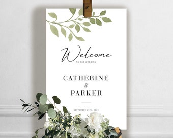 Letrero de bienvenida personalizado con vegetación para boda (descarga digital)