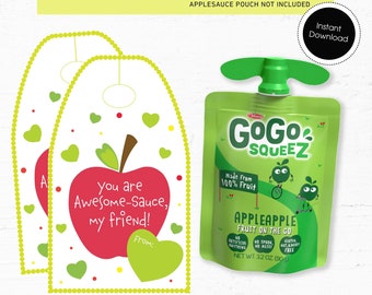 Tarjetas imprimibles con bolsitas de puré de manzana: recuerdos para fiestas escolares (descarga digital, archivos PDF incluidos)