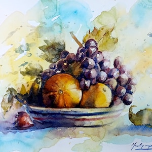 Watercolor painting of fruits platter still-life room decor gift still life fine art