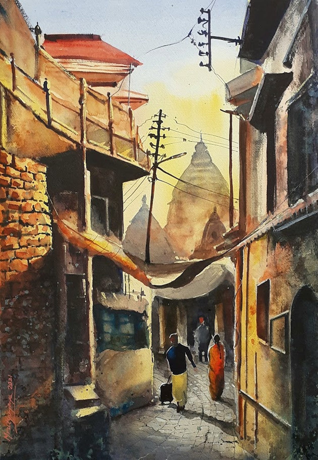 ArtsIndia Ganga Serenity Watercolor Painting Print of Banaras Riverside  Scenery (Material: Gloss, Size: 10 x 10, Style: Framed)