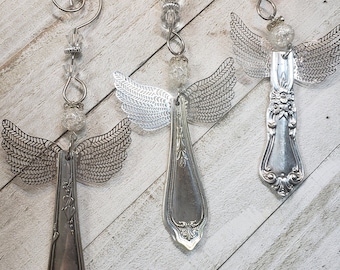 Set of 5, Spoon Handle Angel Ornament, Vintage Silverware, Tree Angel-