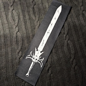 Dark Fantasy Skull Sword Sew On Patch | Dungeon | Long Screen Printed Cotton Twill