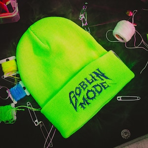 GOBLIN MODE Neon Green Embroidered Beanie | Black Light Reactive